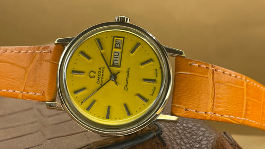 vintage 1970s omega seamaster yellow dial with day date gents automatic  watch omega watch  FAST SHIPPING on sale